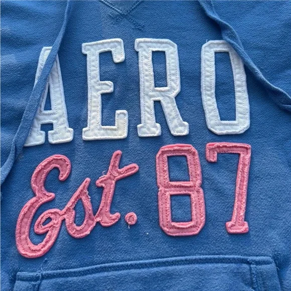 Aeropostale blue hoodie with pink accents & distressed hems - Picture 3 of 7